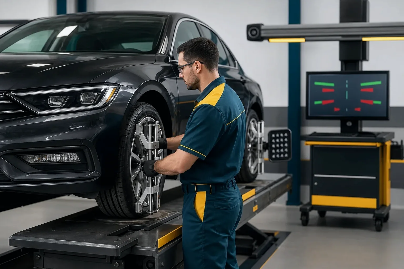 Profissional ajustando o alinhamento de rodas de um carro.