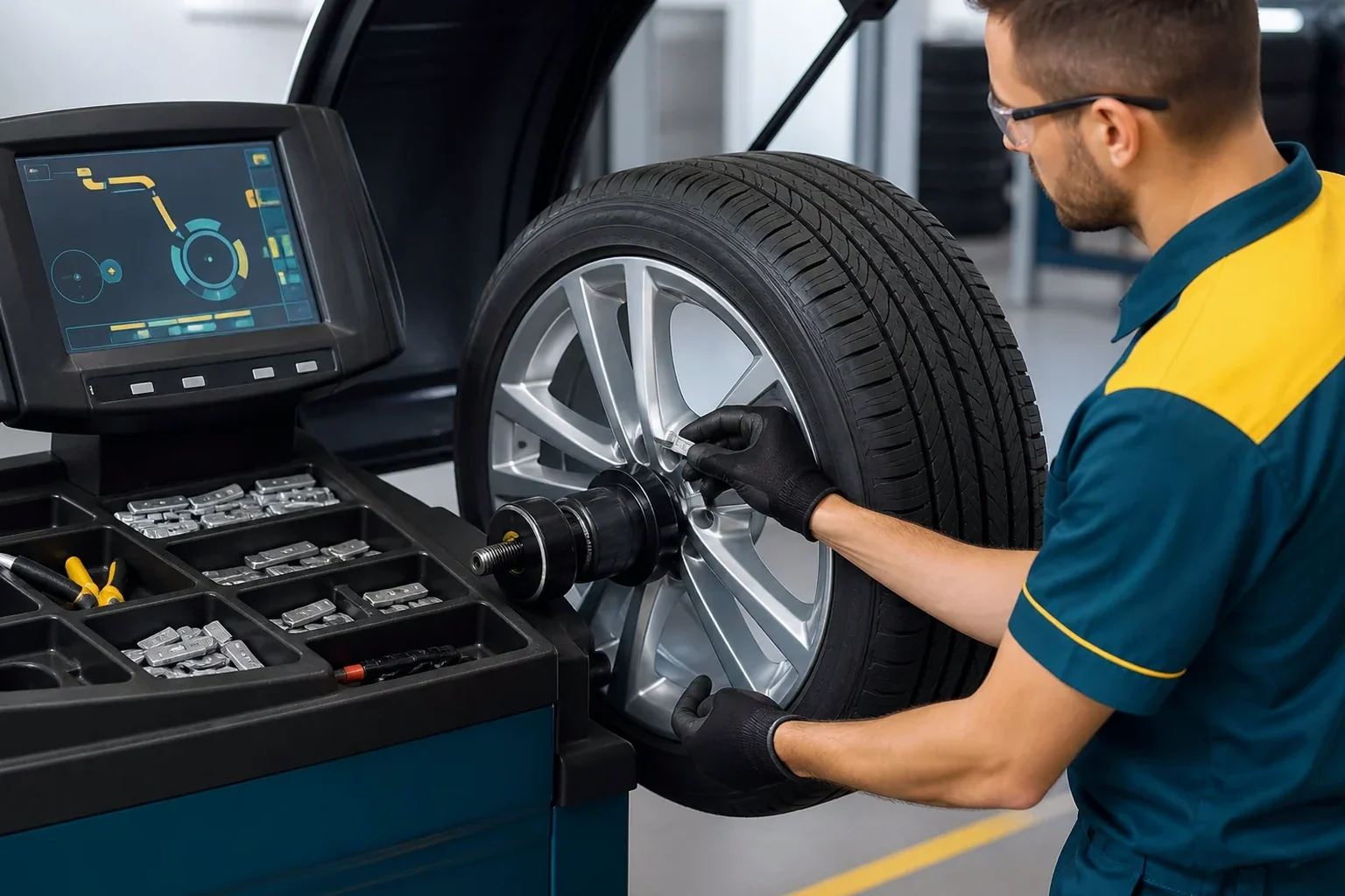 Profissional fazendo balanceamento de rodas de um carro.