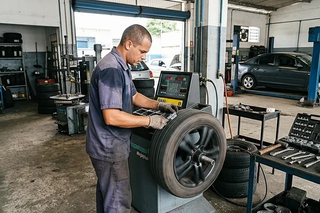 Profissional fazendo balanceamento de rodas de um veículo.