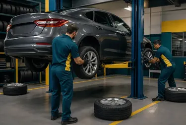 Profissional fazendo rodízio de pneus de um carro.