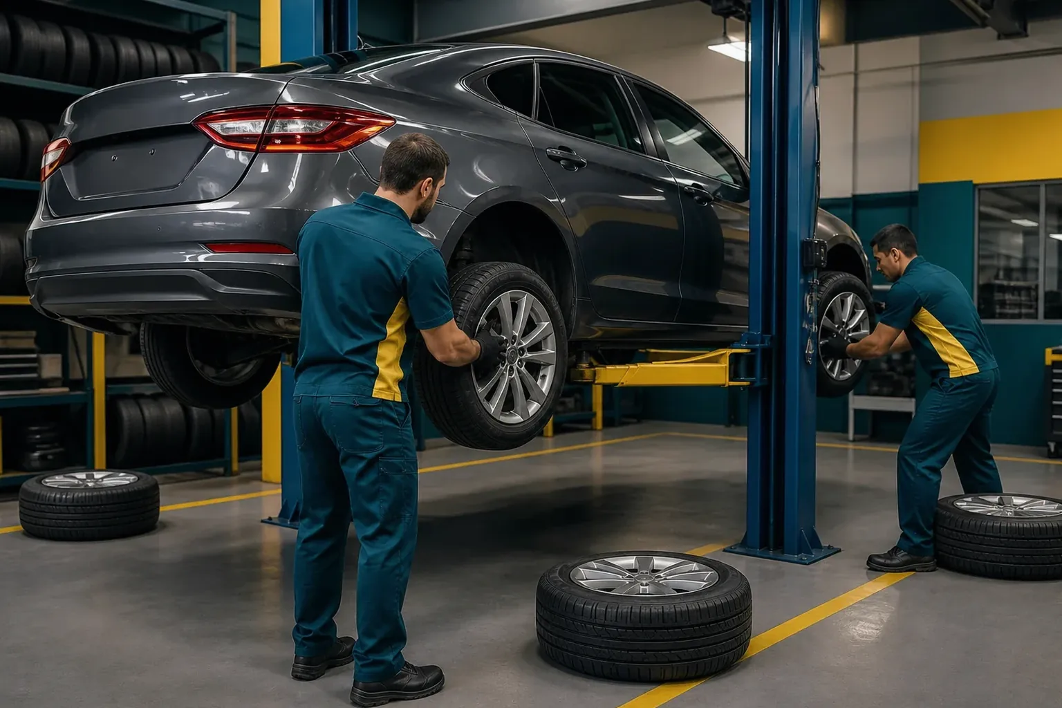 Profissional fazendo rodízio de pneus de um carro.