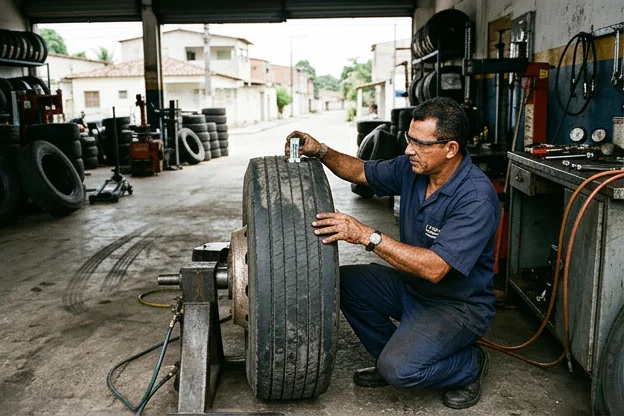 Profissional inspecionando um pneu em busca de problemas.
