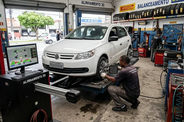 Profissional realizando alinhamento de rodas de um carro.