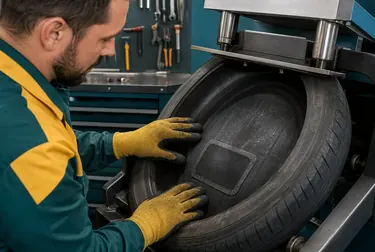 Profissional realizando vulcanização de um pneu.